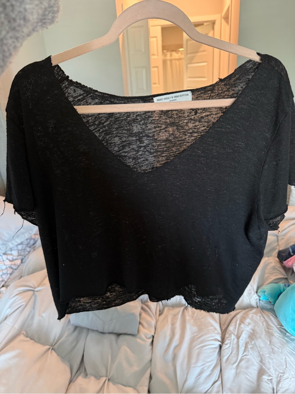 Project Social T Black V-Neck Sheer Knit Cropped Tee